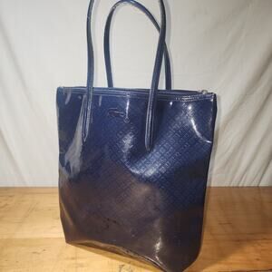 LACOSTE Shiny Vinyl Navy Blue Tote Bag Zip Top